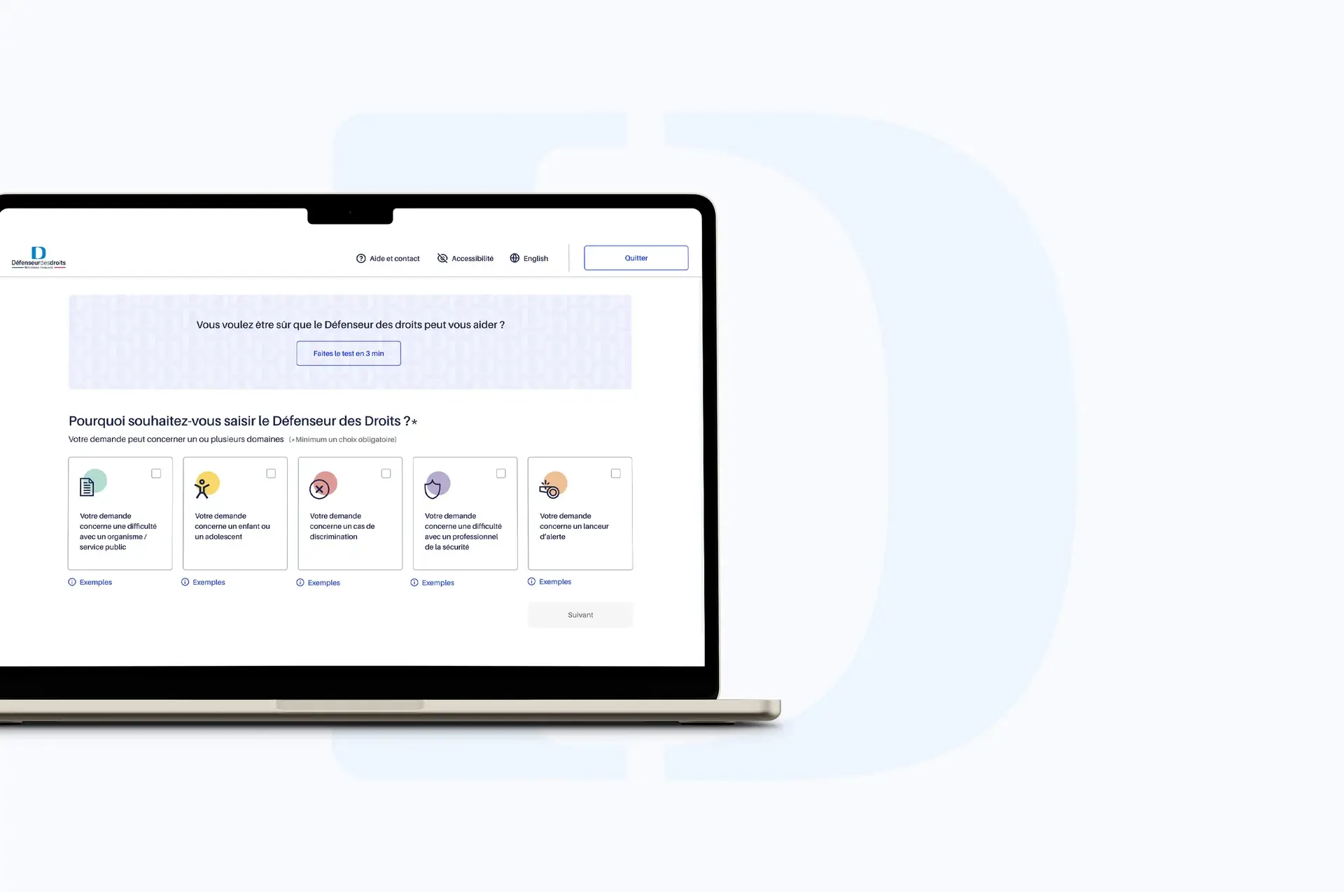 Desktop mockup of the request-category selection page on the new Défenseur des droits claim form