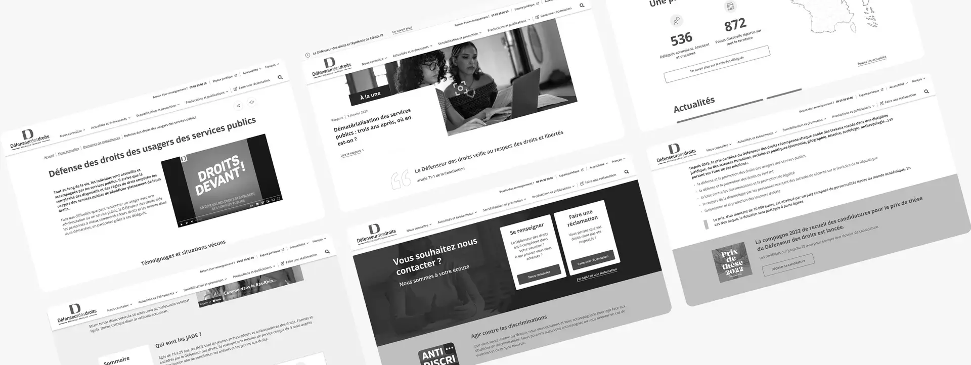 Desktop wireframes for the redesign of the Défenseur des droits website