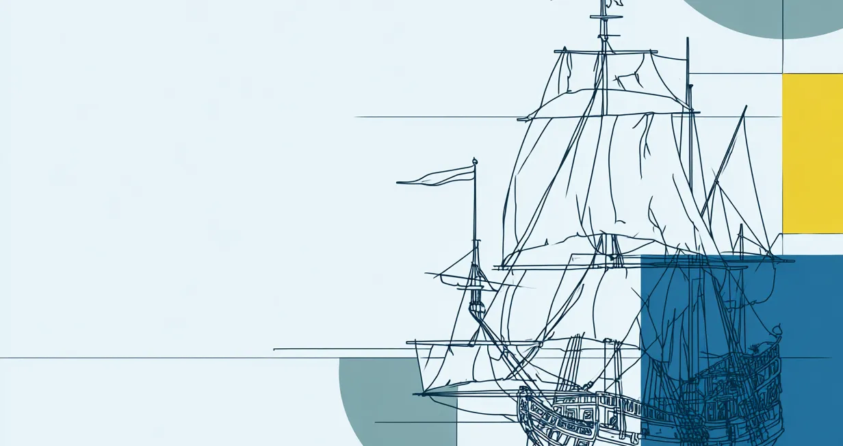Dessin au trait d'un voilier ancien superposé à des formes géométriques bleues et jaunes