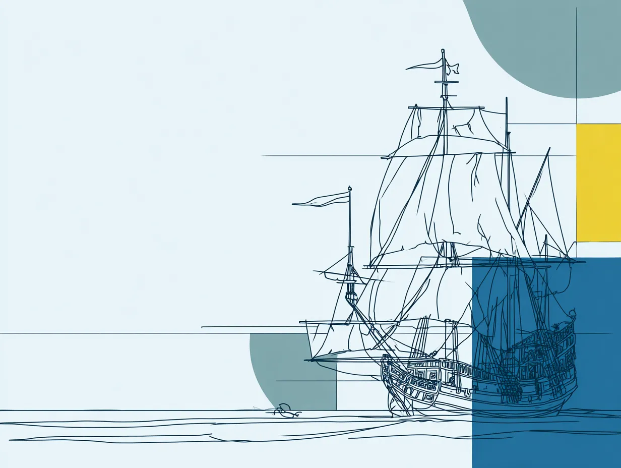 Dessin au trait d'un voilier ancien superposé à des formes géométriques bleues et jaunes