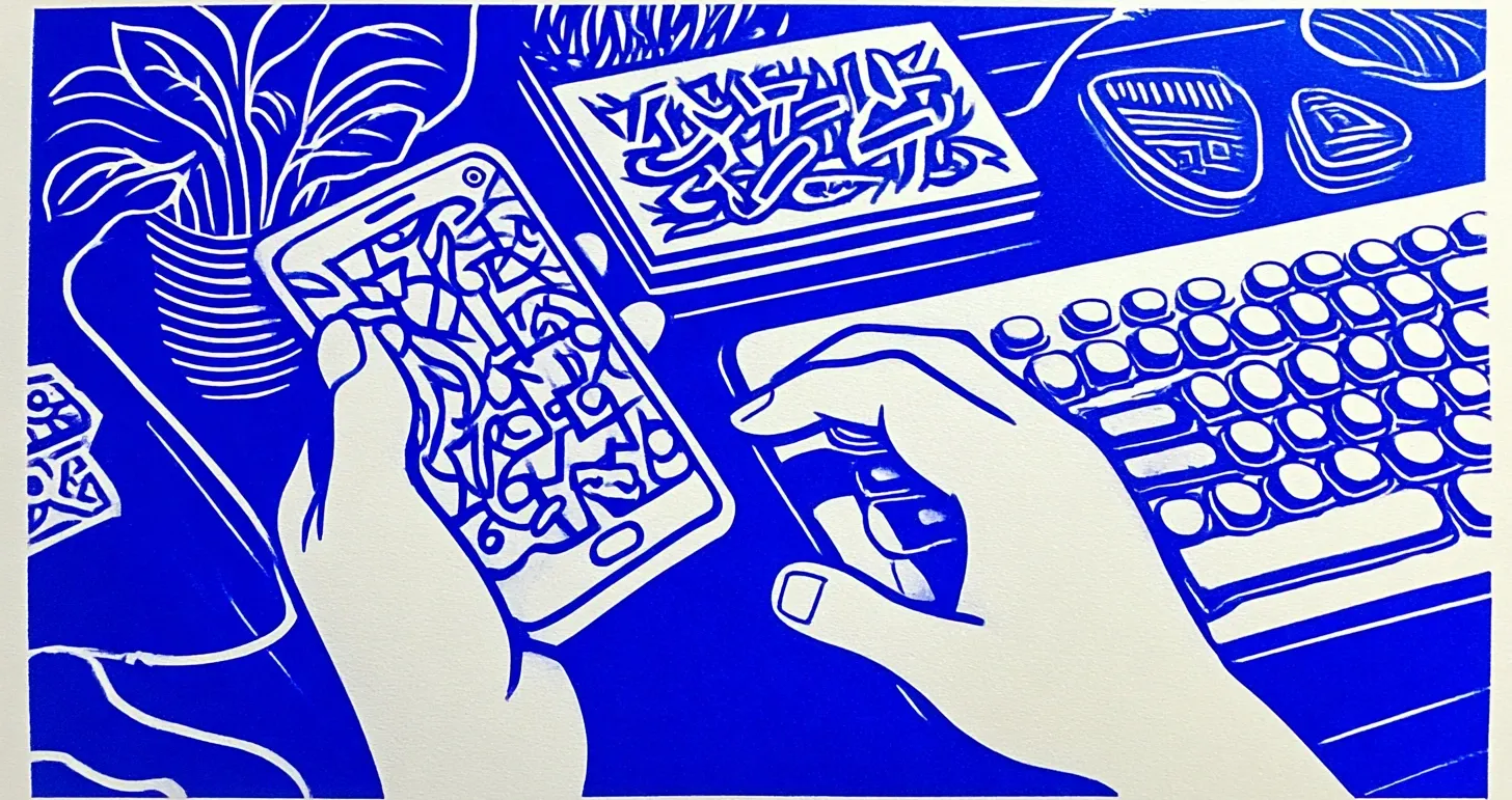 Dessin bleu de mains utilisant un téléphone parmi un clavier, un ordinateur et des plantes