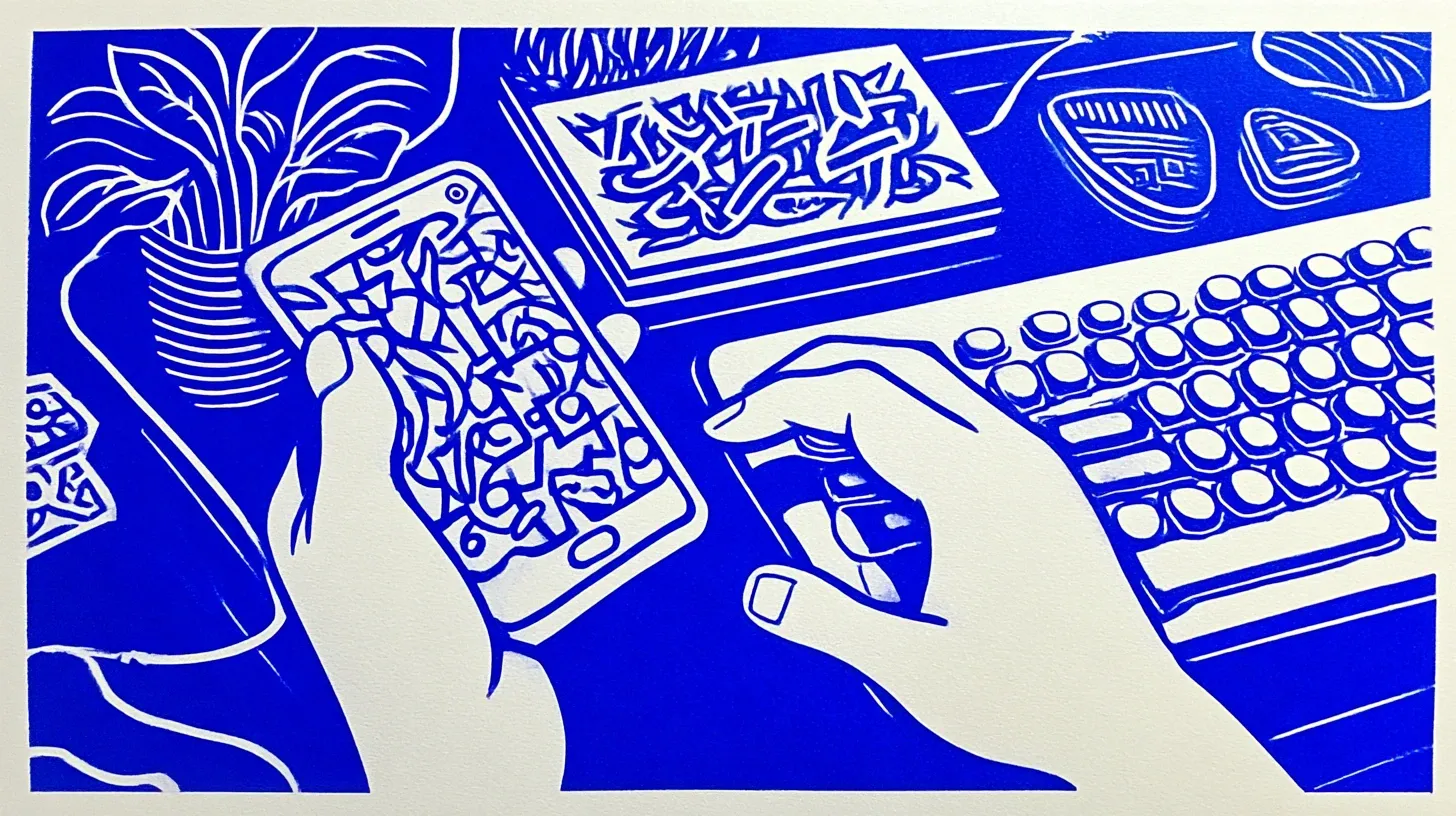 Blue drawing of hands using a phone among a keyboard, computer, and plants