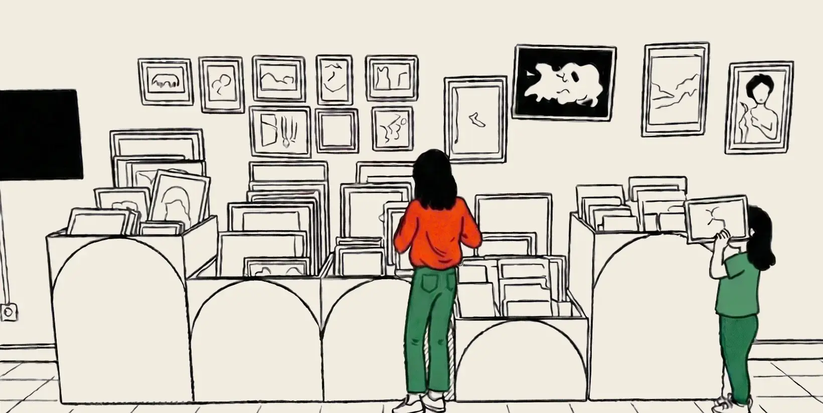 Two little girls in front of an art library
