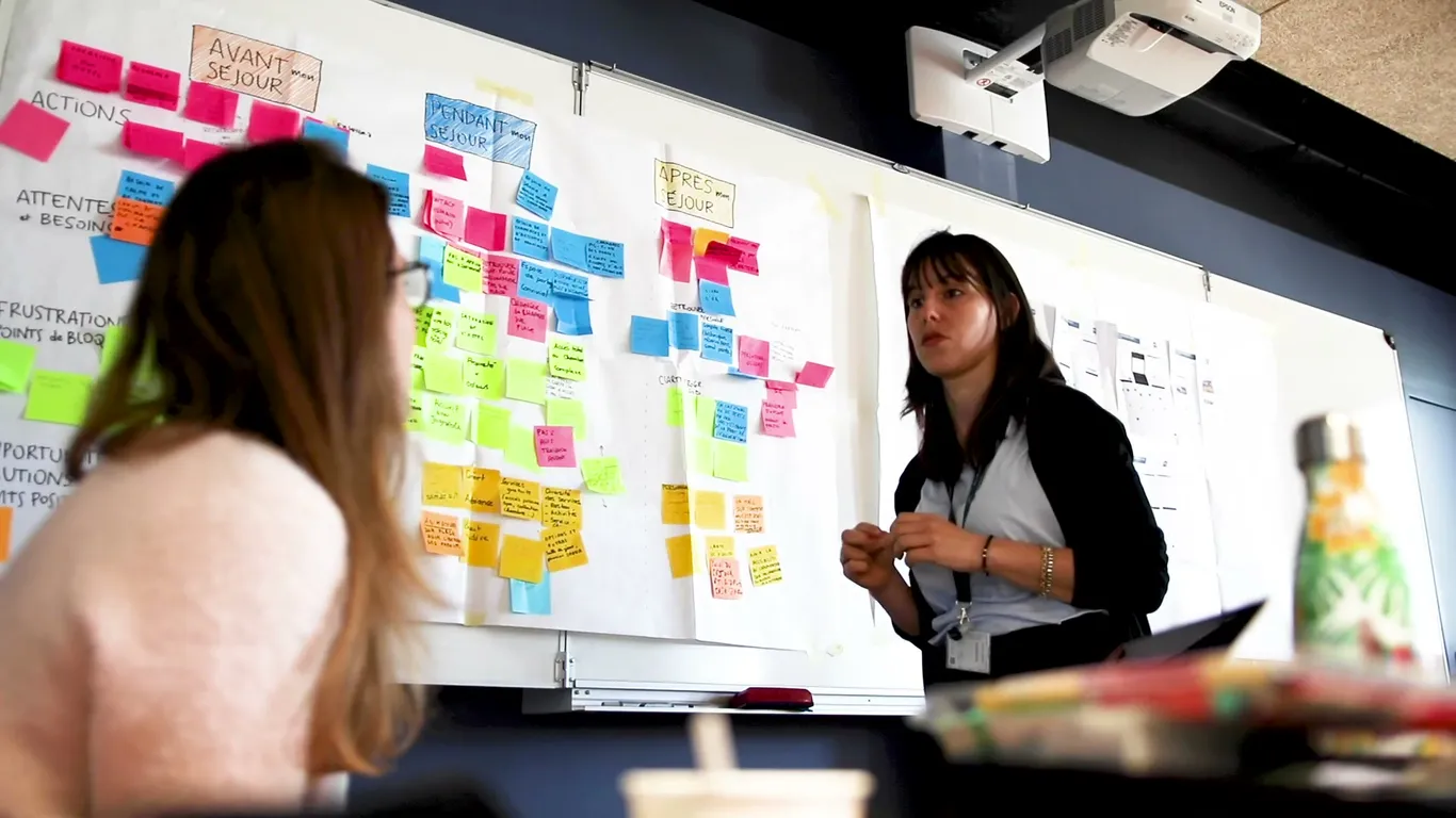 Two people talking in front of a board covered with sticky notes