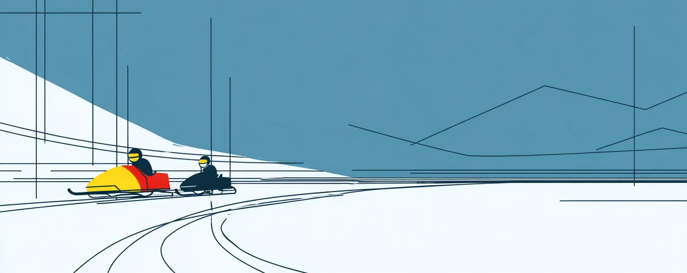 Two small yellow and blue snowmobiles follow curved tracks through a stylized landscape