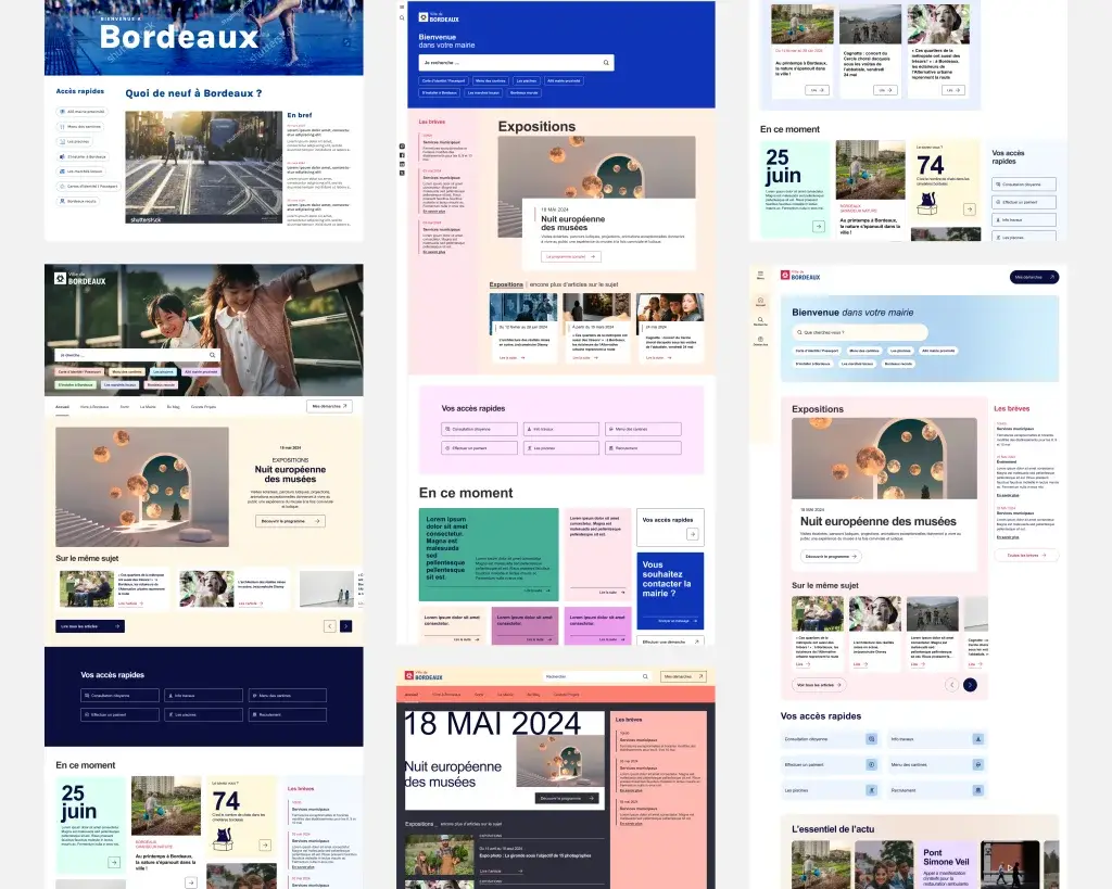 Different creative directions for the homepage of the new City of Bordeaux website, exploring color, page structure, the use of visuals or illustrations, and the placement of the navigation menu