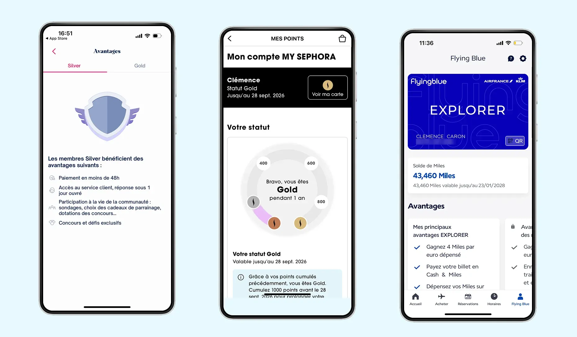 Différents niveaux dans des applications mobiles : Shopmium, Sephora, Flying Blue