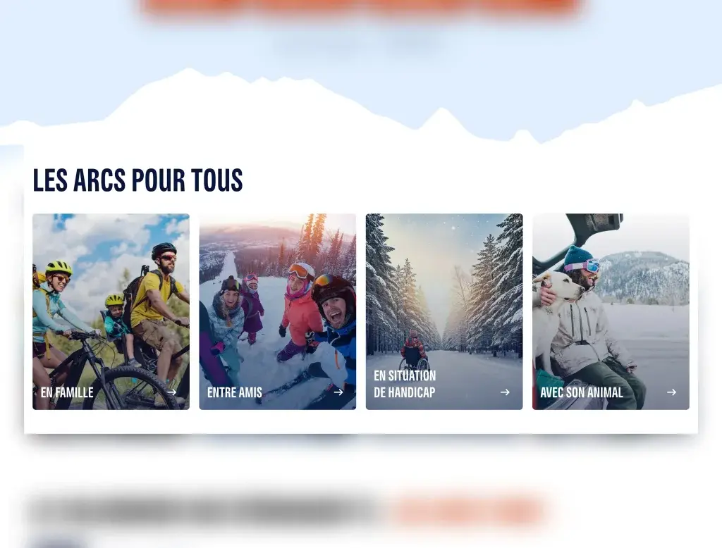 Digital mockup of a section of the Les Arcs ski resort website titled "LES ARCS FOR EVERYONE". The section is made of four cards illustrated with photos: "AS A FAMILY" (people mountain biking), "WITH FRIENDS" (group skiing), "WITH A DISABILITY" (person in a winter wheelchair) and "WITH YOUR PET" (person sitting in the snow with a dog)