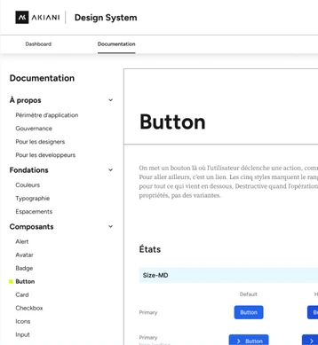 Documentation du design system Akiani : page du composant Button, avec le menu des fondations et des composants.