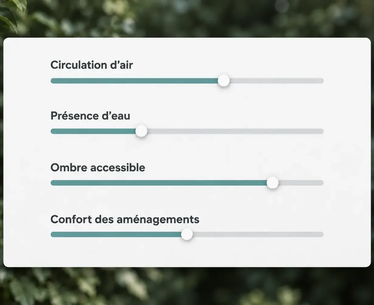 Échelles d'évaluation du lieu dans le questionnaire : circulation d'air, présence d'eau, ombre accessible, confort des aménagements
