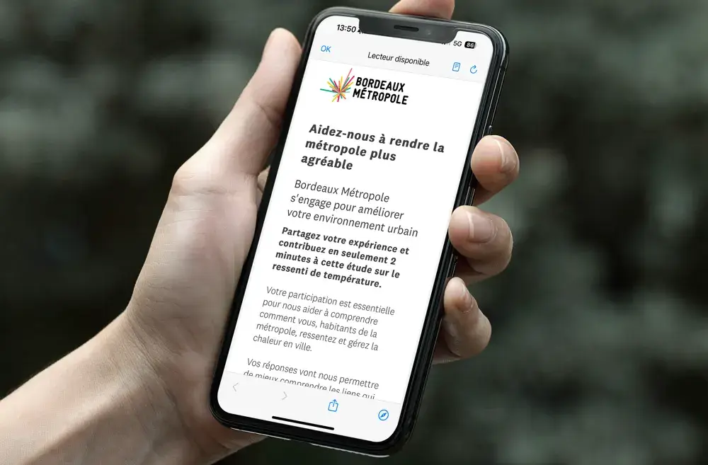 Écran d'accueil du questionnaire sur smartphone : « Aidez-nous à rendre la métropole plus agréable »