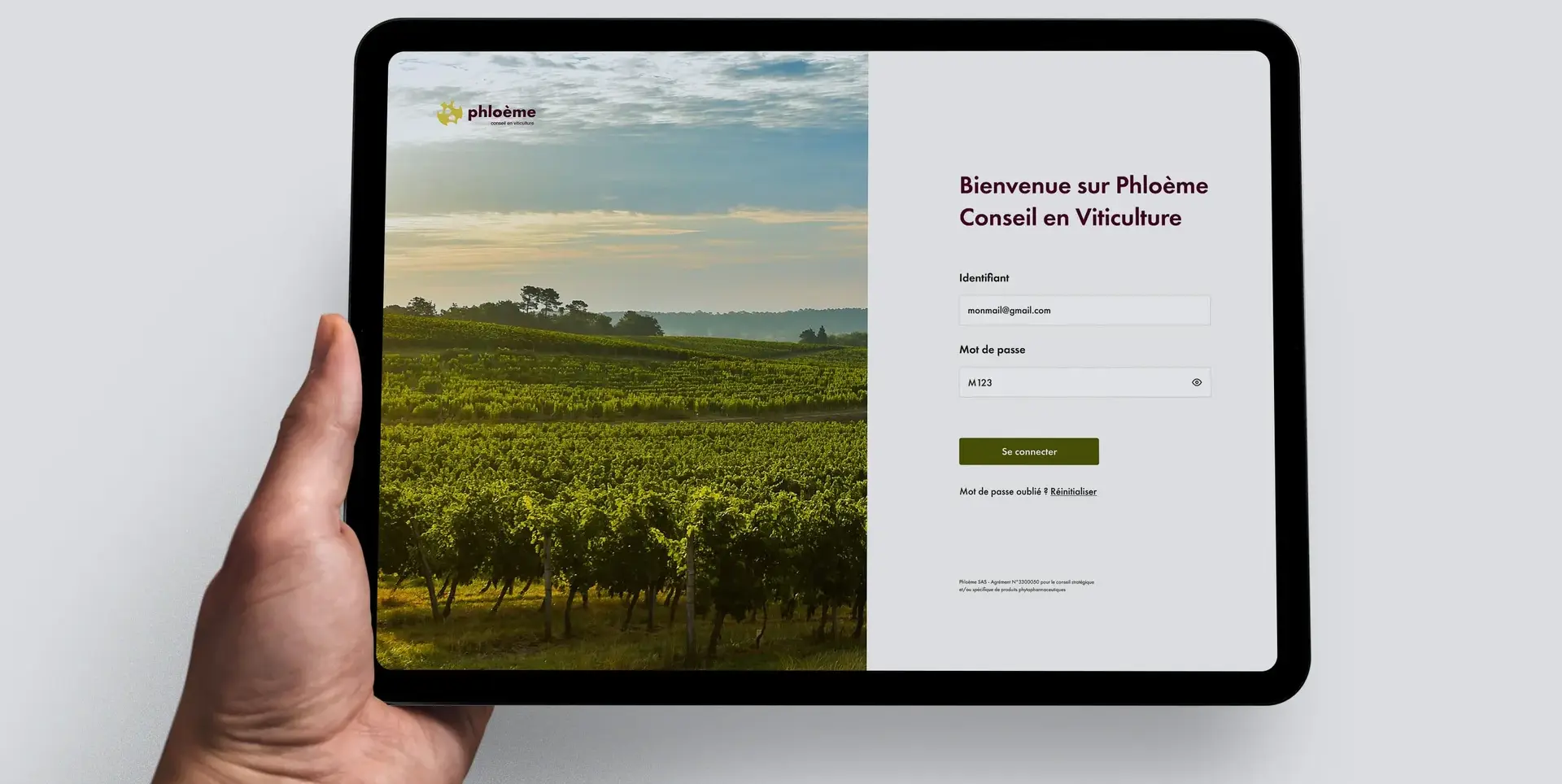Phloeme login screen displayed on a hand-held tablet in front of a vineyard photograph