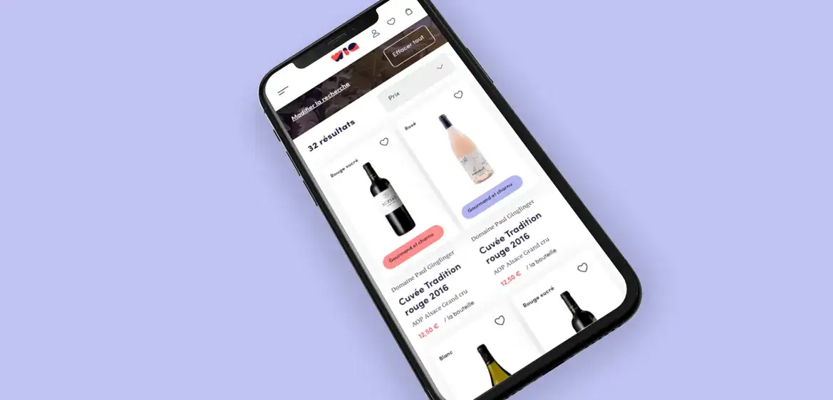 Écran mobile de résultats : 32 vins en cartes, avec pour chacun sa couleur, un tag de goût comme « Gourmand et charnu » et le prix à la bouteille
