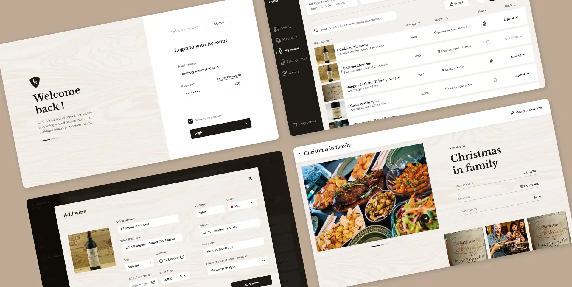Key screens of the web app