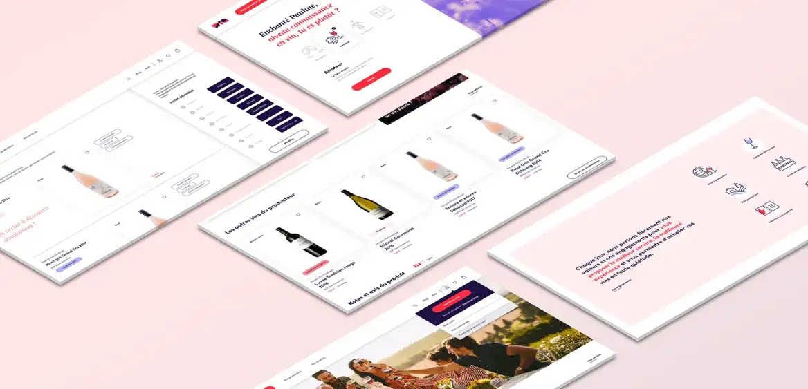 Écrans desktop en perspective : choix du niveau de connaissance en vin, questionnaire, vins du même producteur et page des engagements du service