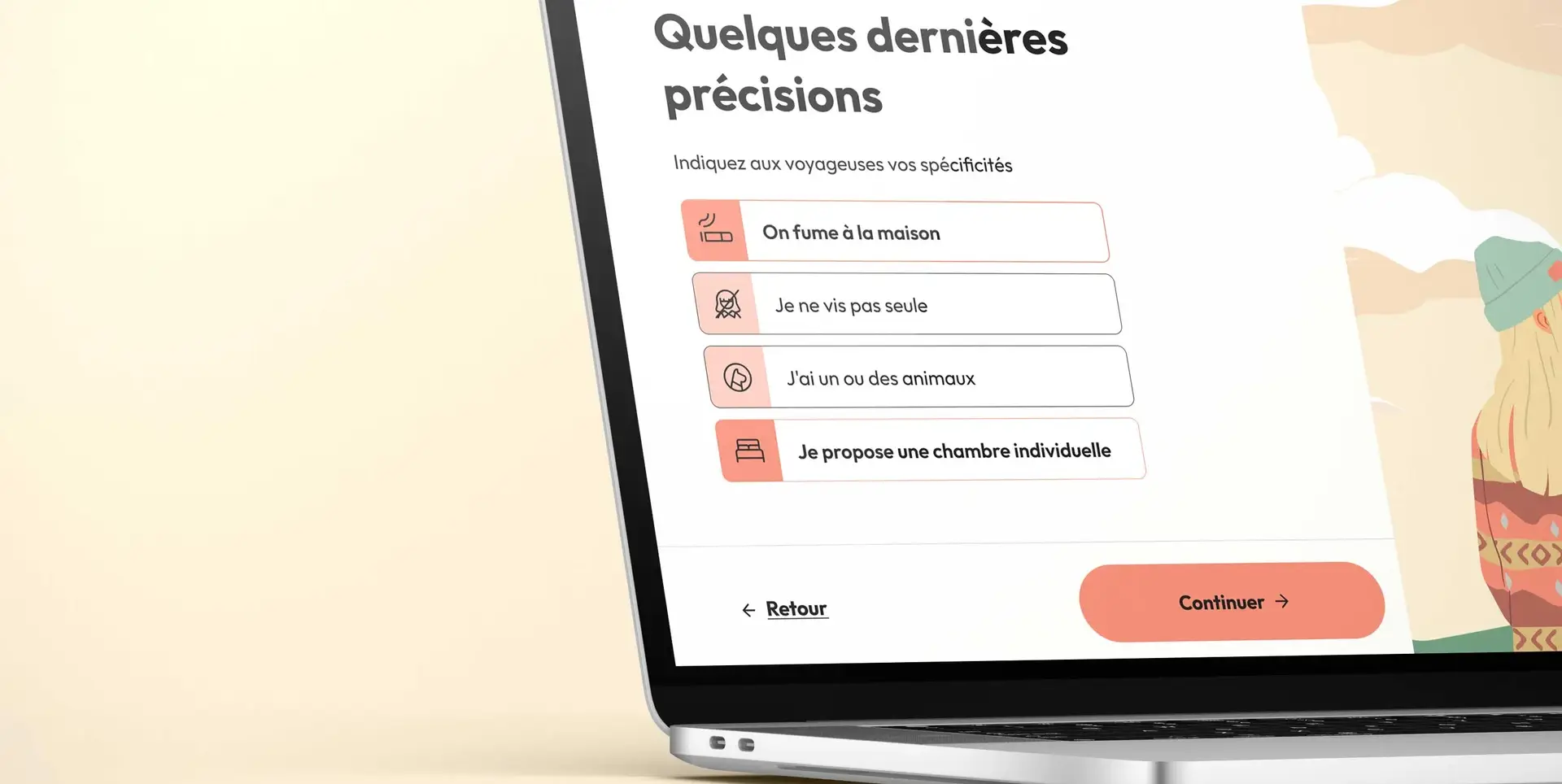 Étape de saisie des caractéristiques d'un hébergement affichée sur un ordinateur portable