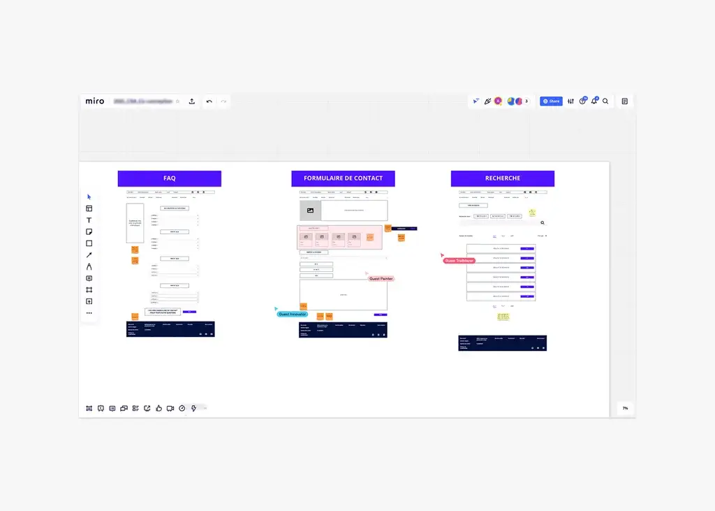 Excerpt of the co-sketching workshop output for the main screens, run in Miro