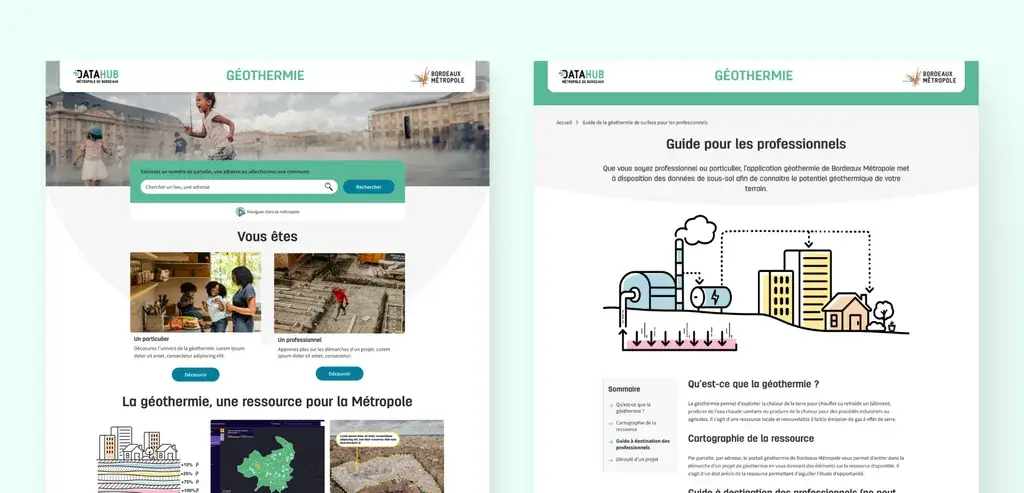 Excerpts from the home page and a 'guide for professionals' page of the Bordeaux Métropole geothermal portal, in desktop version