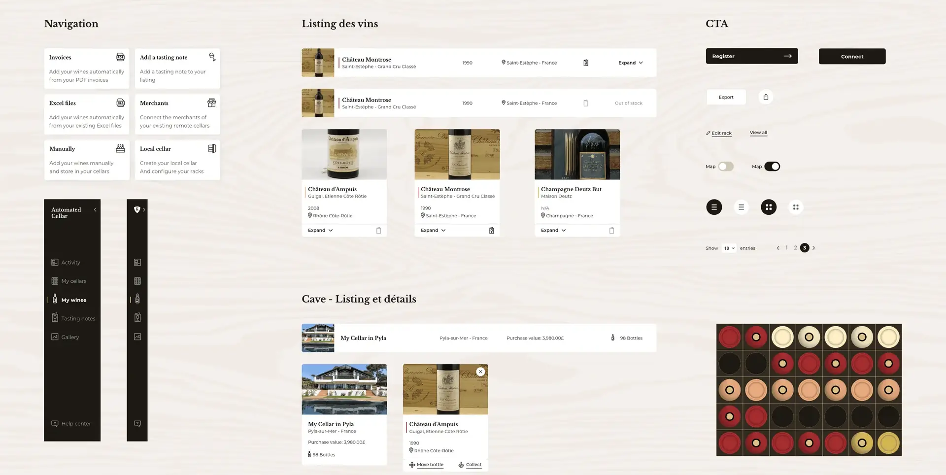 Design-system excerpts: buttons, wines, navigation