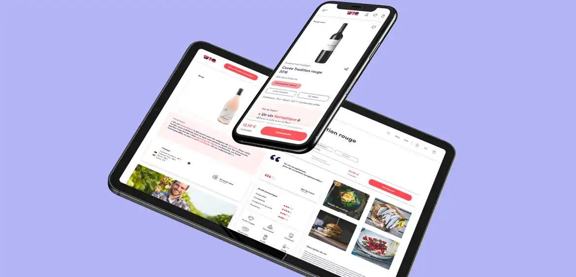 Fiche produit d'un vin affichée sur mobile et sur tablette, avec le mot de l'expert, le profil aromatique et des accords mets et vins