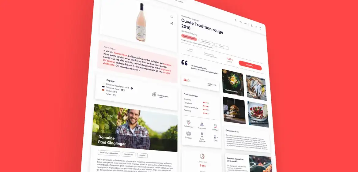 Fiche produit desktop d'une cuvée : mot de l'expert, cépages, présentation du domaine, profil aromatique, durée de conservation et accords mets et vins