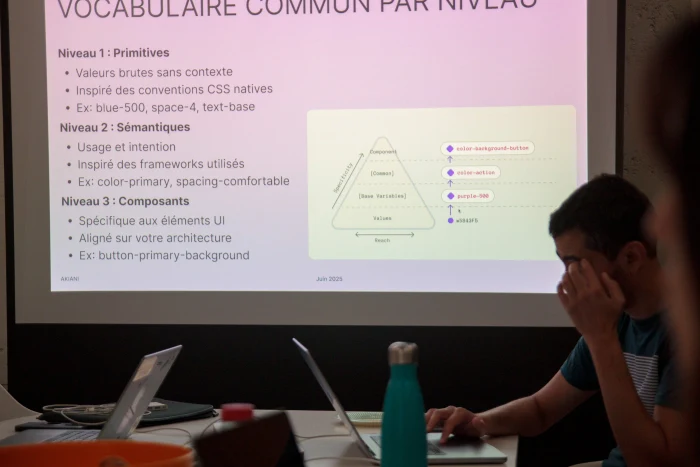 Formation design system : slide sur le vocabulaire commun des tokens par niveau, projetée