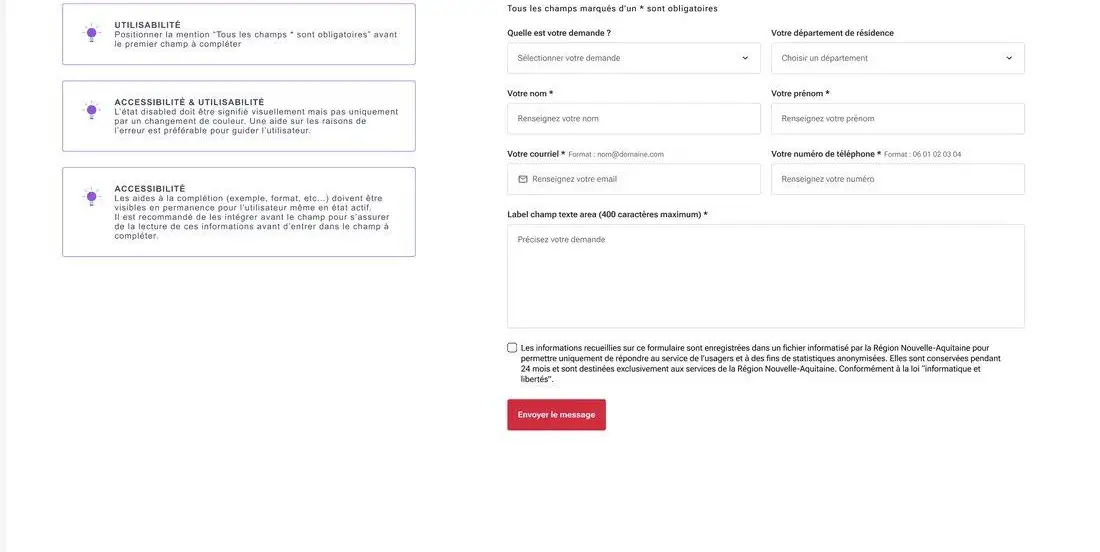 Formulaire du Design System annoté de recommandations d’utilisabilité et d’accessibilité