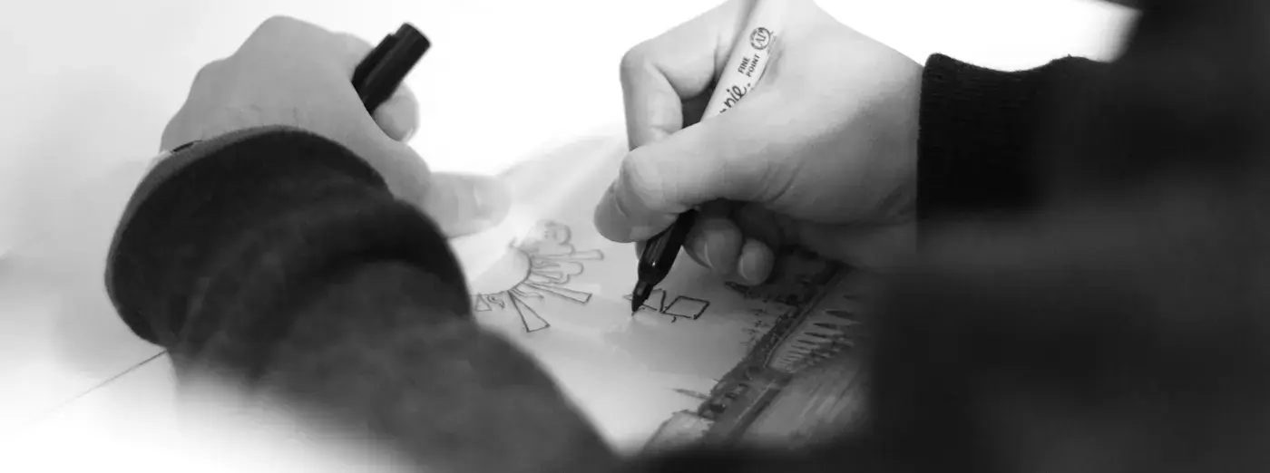 Graphic exploration drawn with a marker during a visual identity workshop