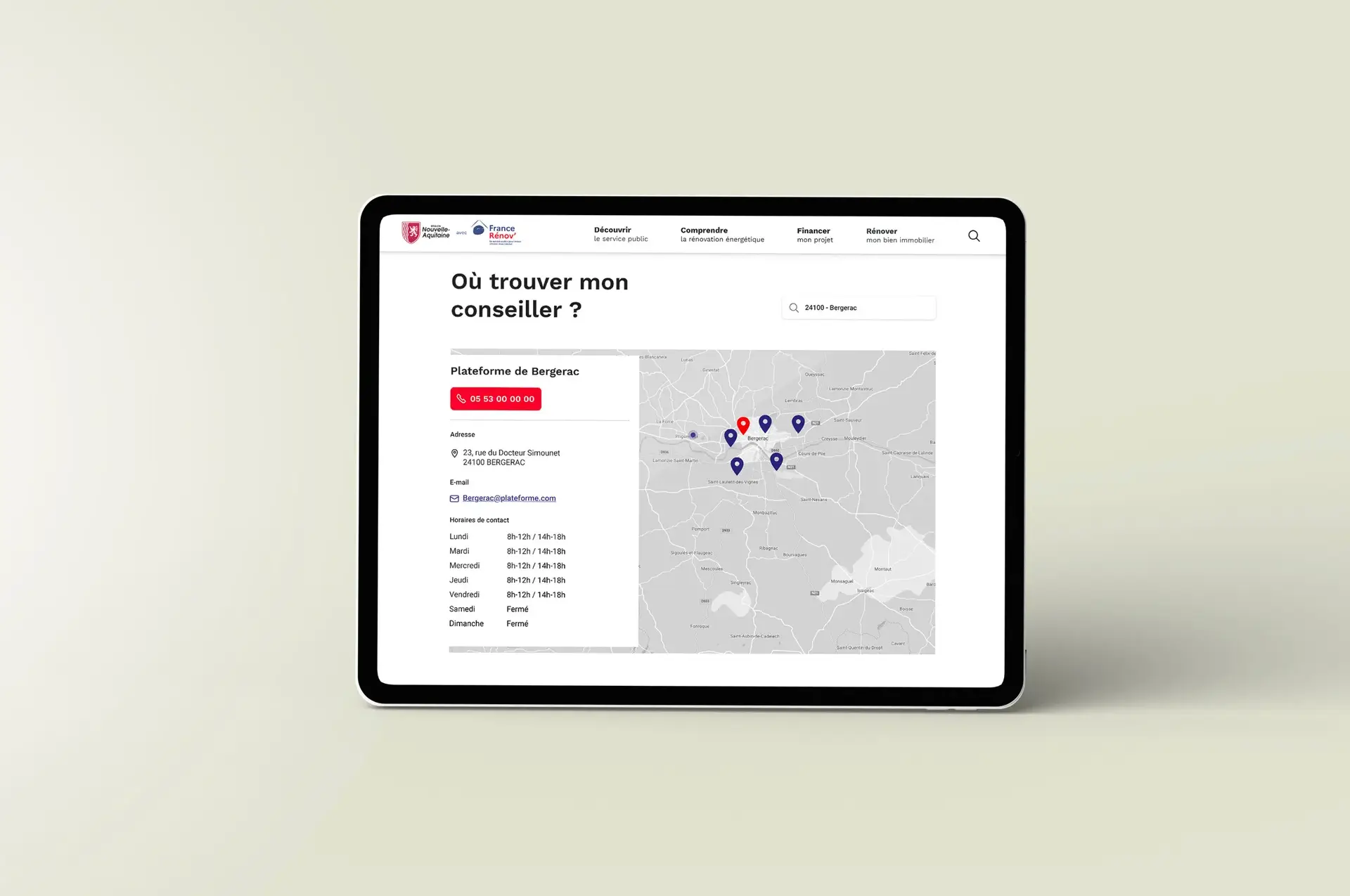 Graphic mockup of the 'Where to find my advisor?' section on the platform's site