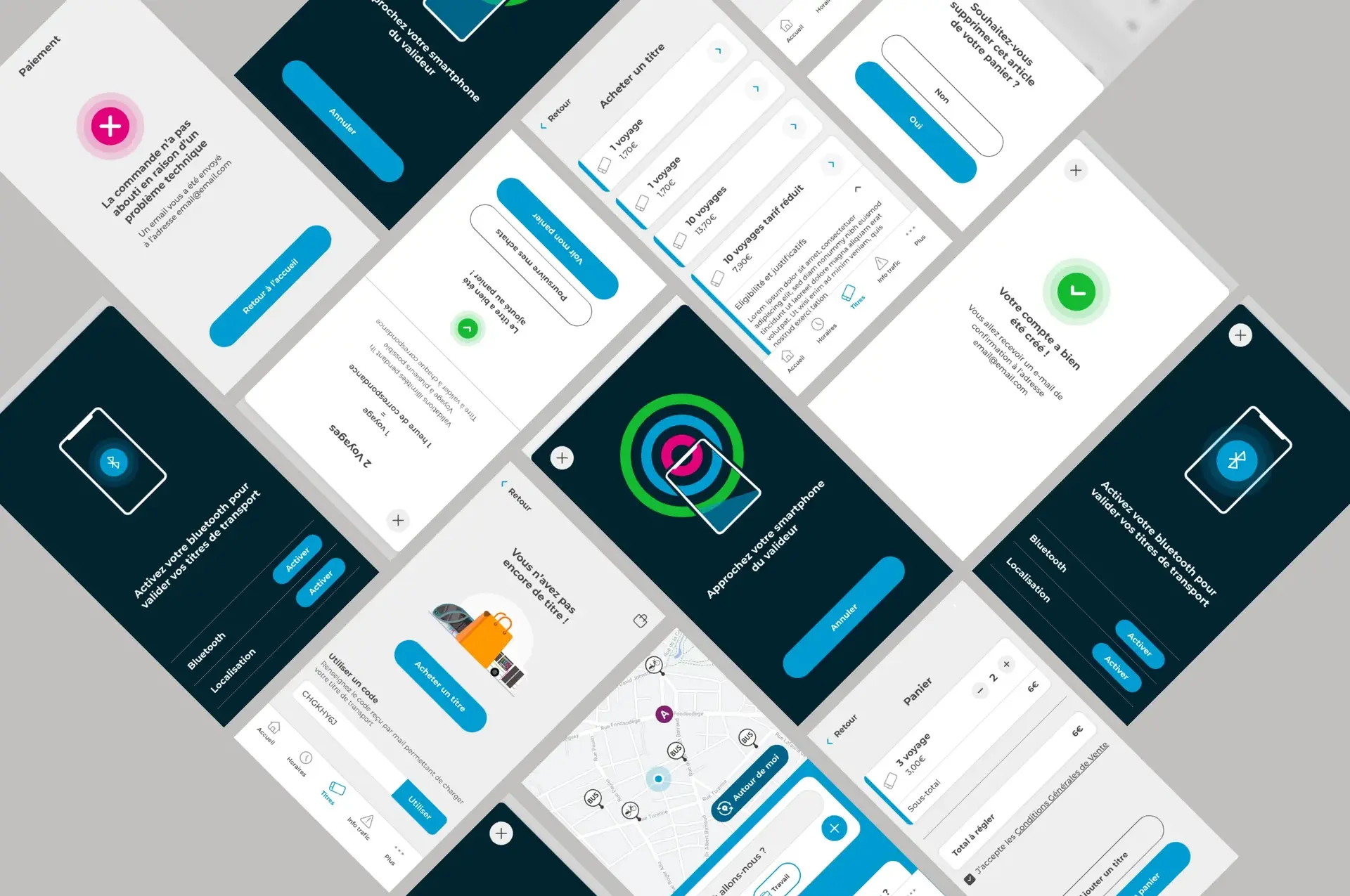 Graphic mockups of the mobile app screens