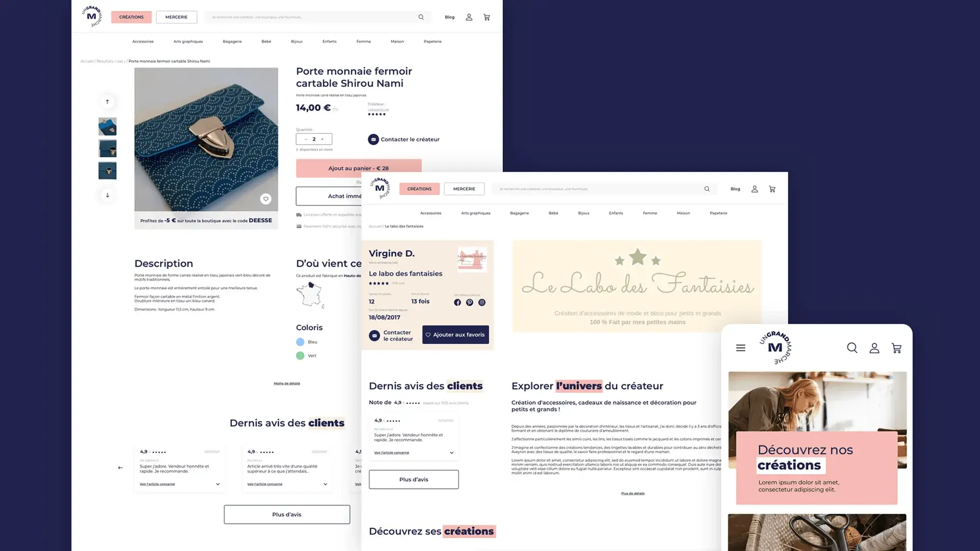 Graphic mockups of the new Un Grand Marché e-commerce platform