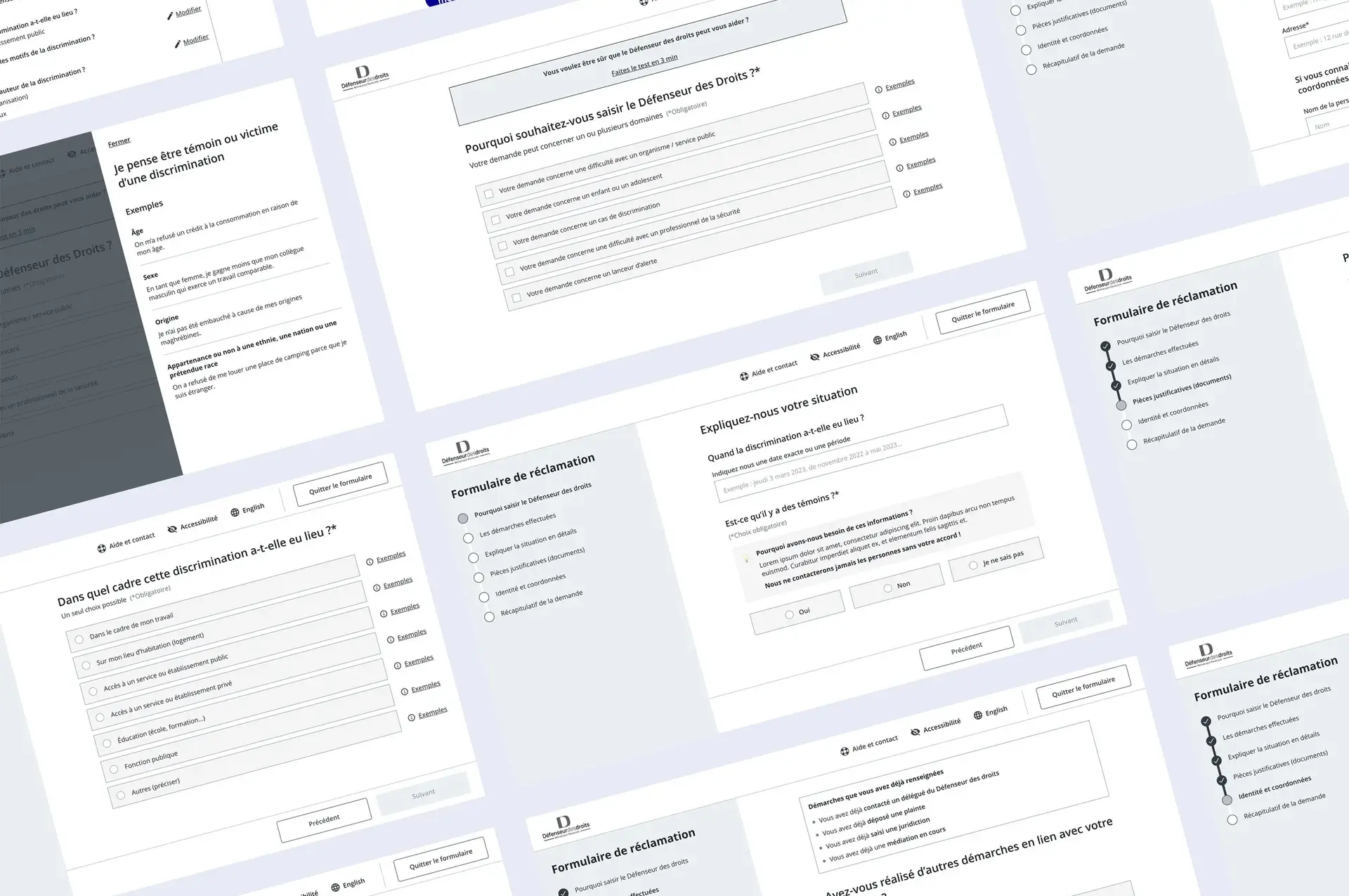 Greyscale mockups of the new claim form during the UX design phase