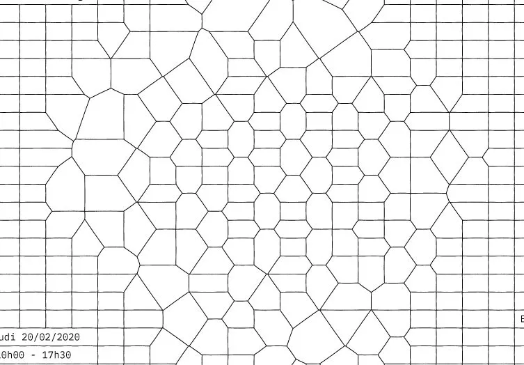 Grid distorted into polygonal cells that tighten toward the center