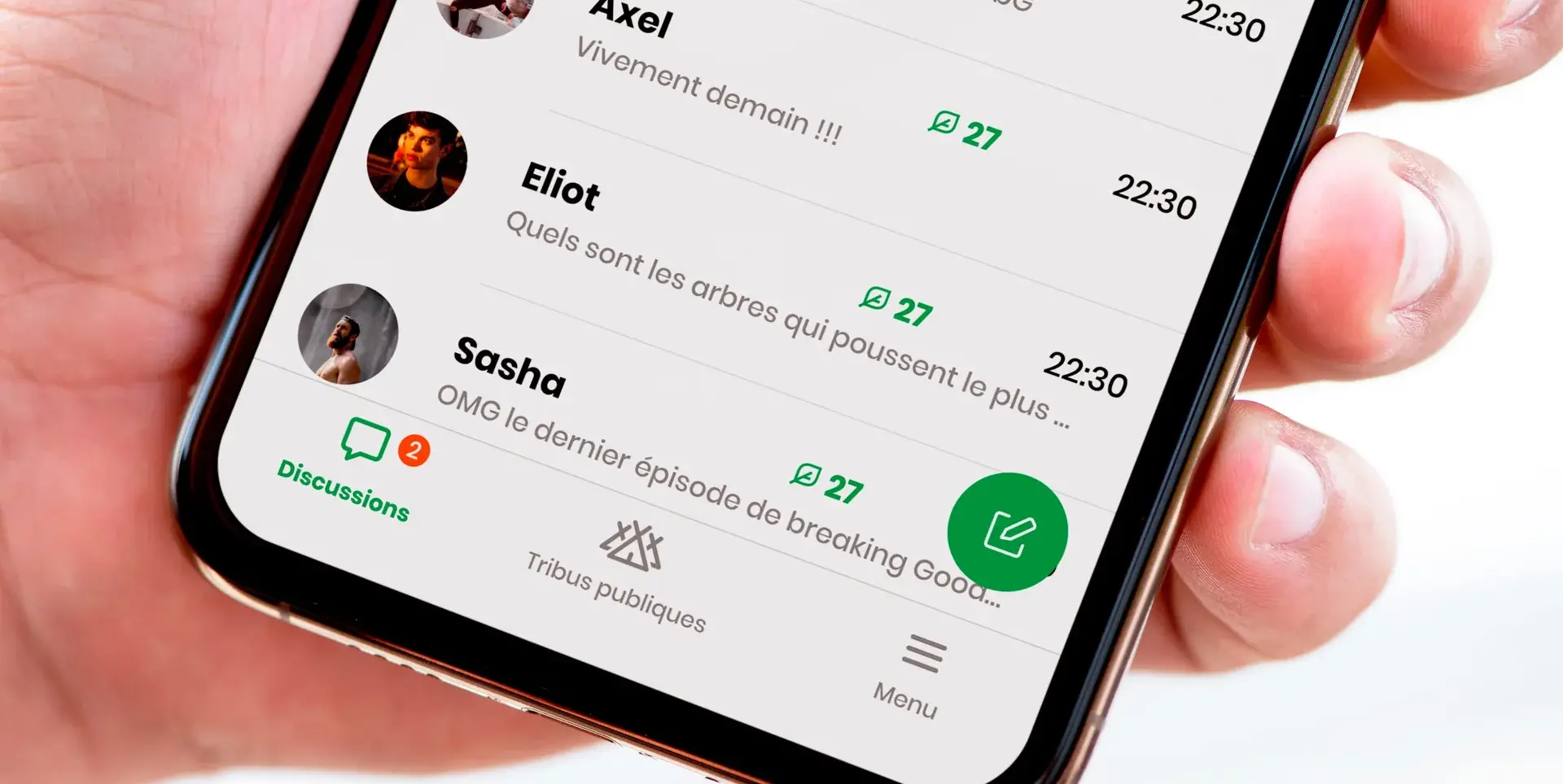 Close-up of the bottom of the Treebal app conversation list and navigation bar