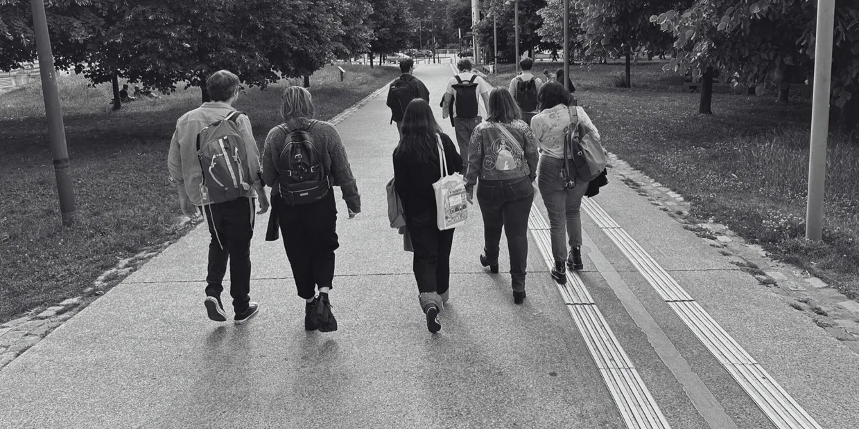 Group of people walking along a tree-lined path, viewed from behind