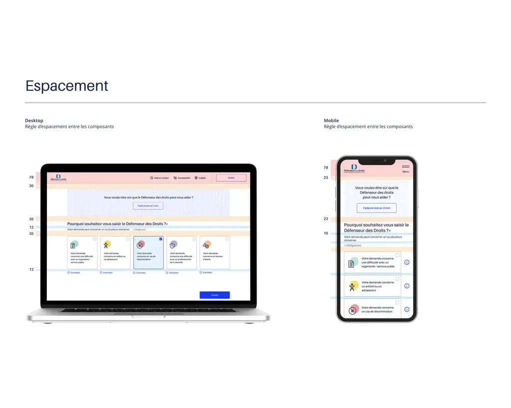 Handoff document explaining the size of the spaces on certain components and the main page templates of the new Défenseur des droits claim form in desktop and mobile