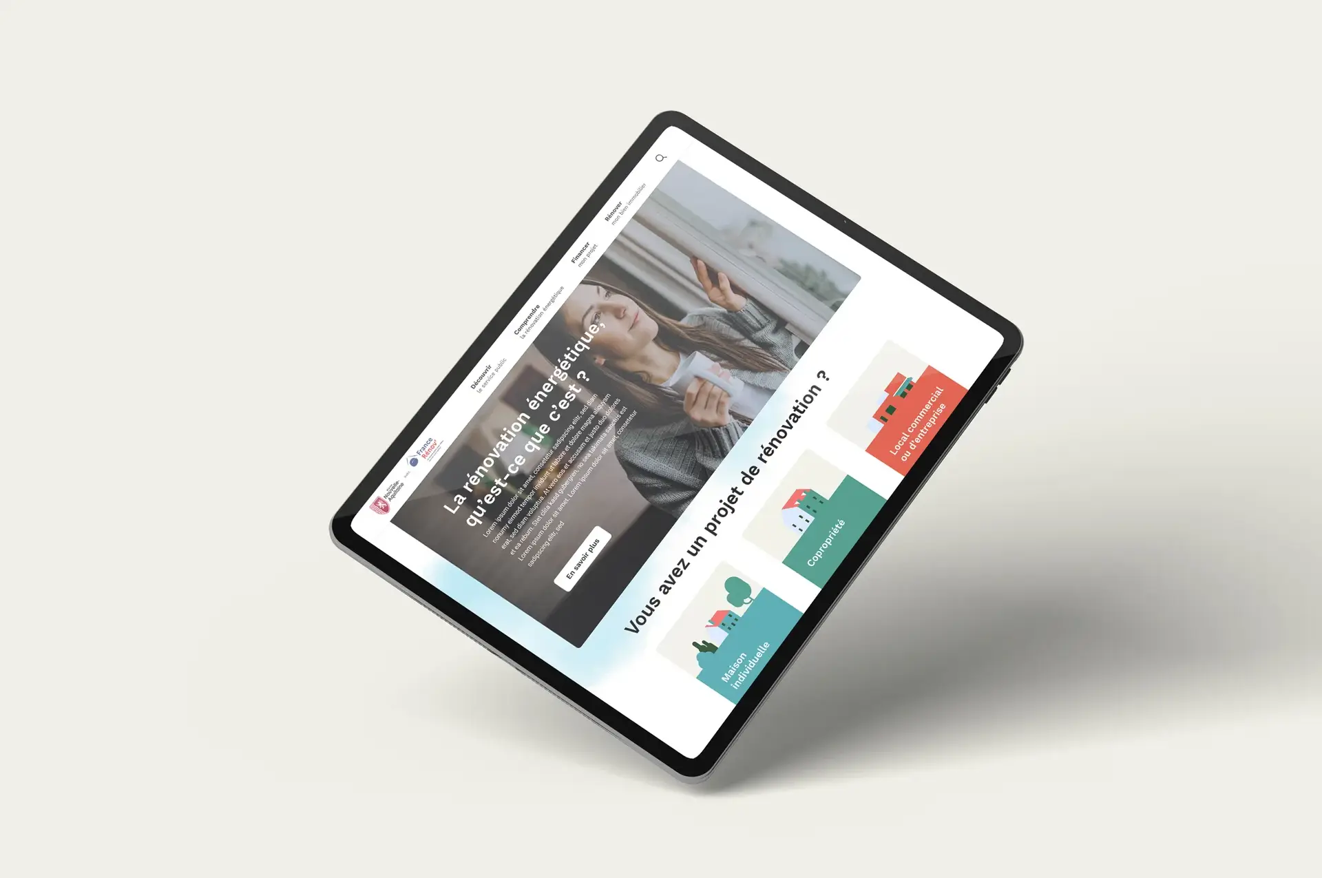 Home page of the platform on a tablet