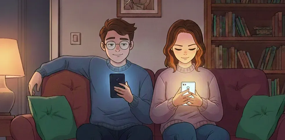Homme et femme dessinés assis sur un canapé, chacun regardant son téléphone