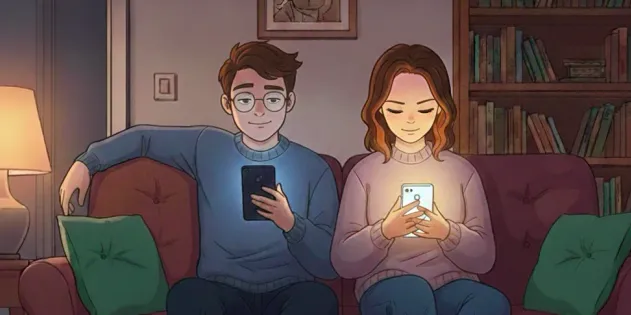 Homme et femme dessinés assis sur un canapé, chacun regardant son téléphone