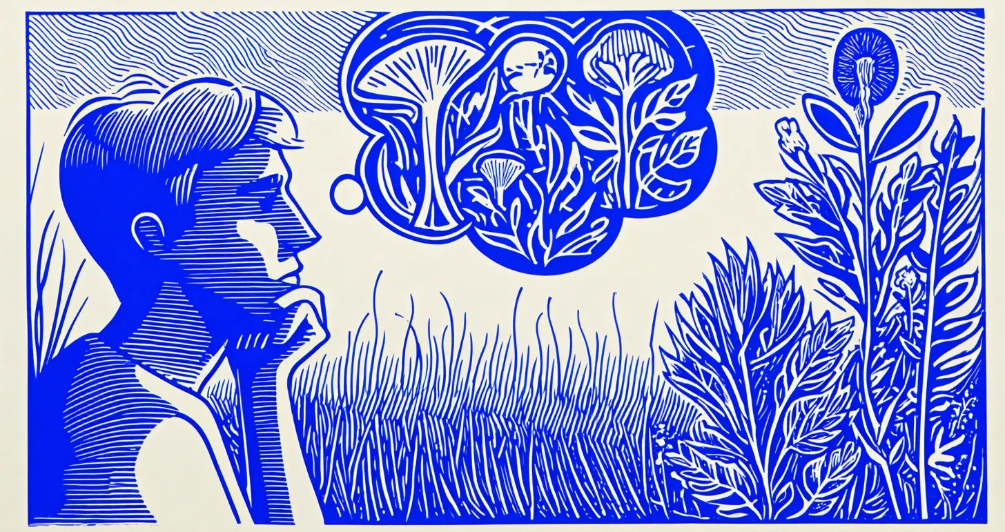 Illustration bleue d'un homme pensif face à des plantes, avec une forêt dans une bulle