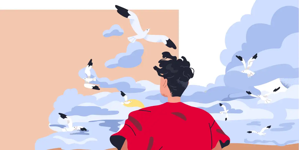 Illustration d’un homme de dos face à des nuages et des mouettes