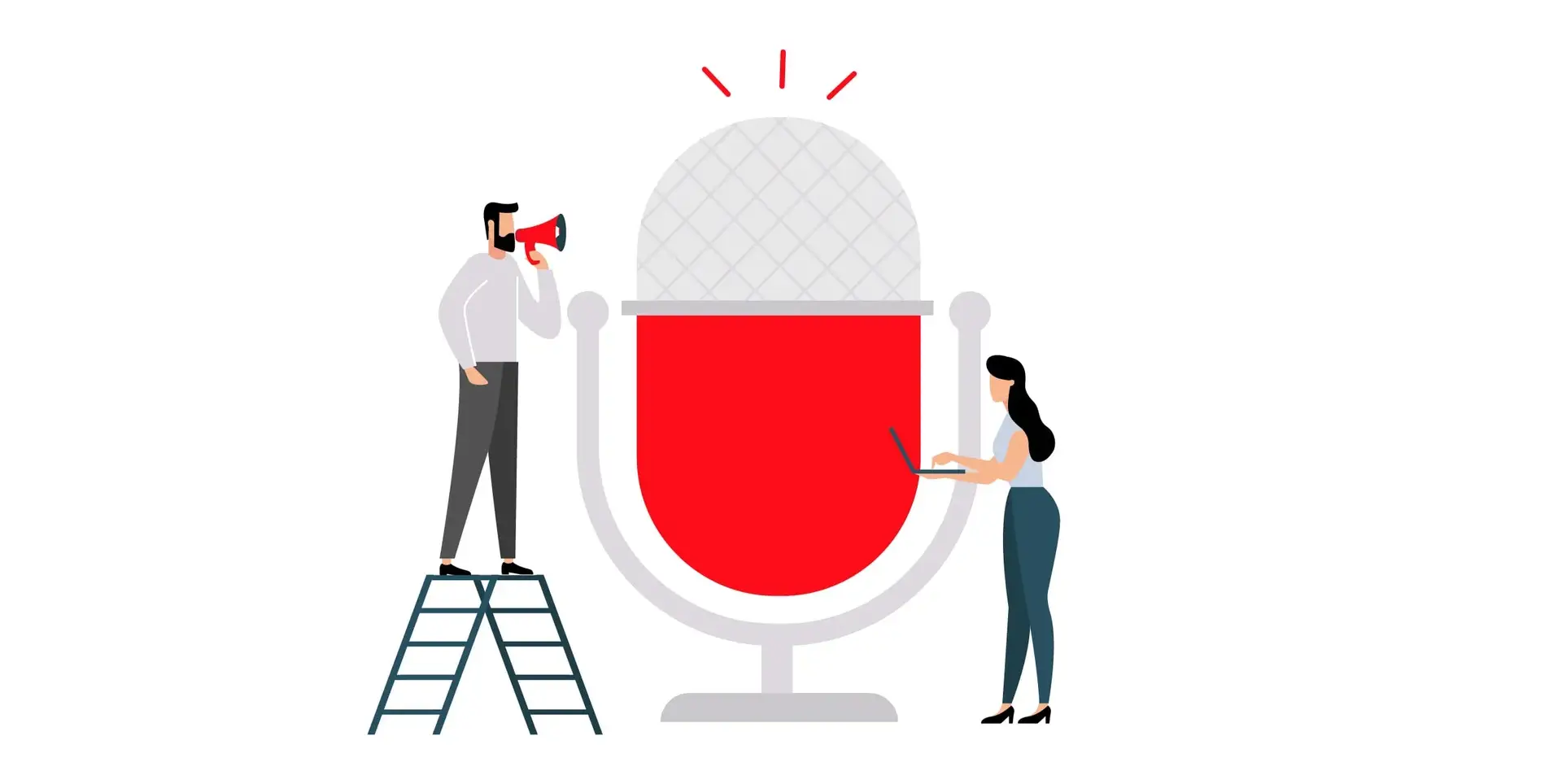 Illustration of two people with a microphone for a narrative