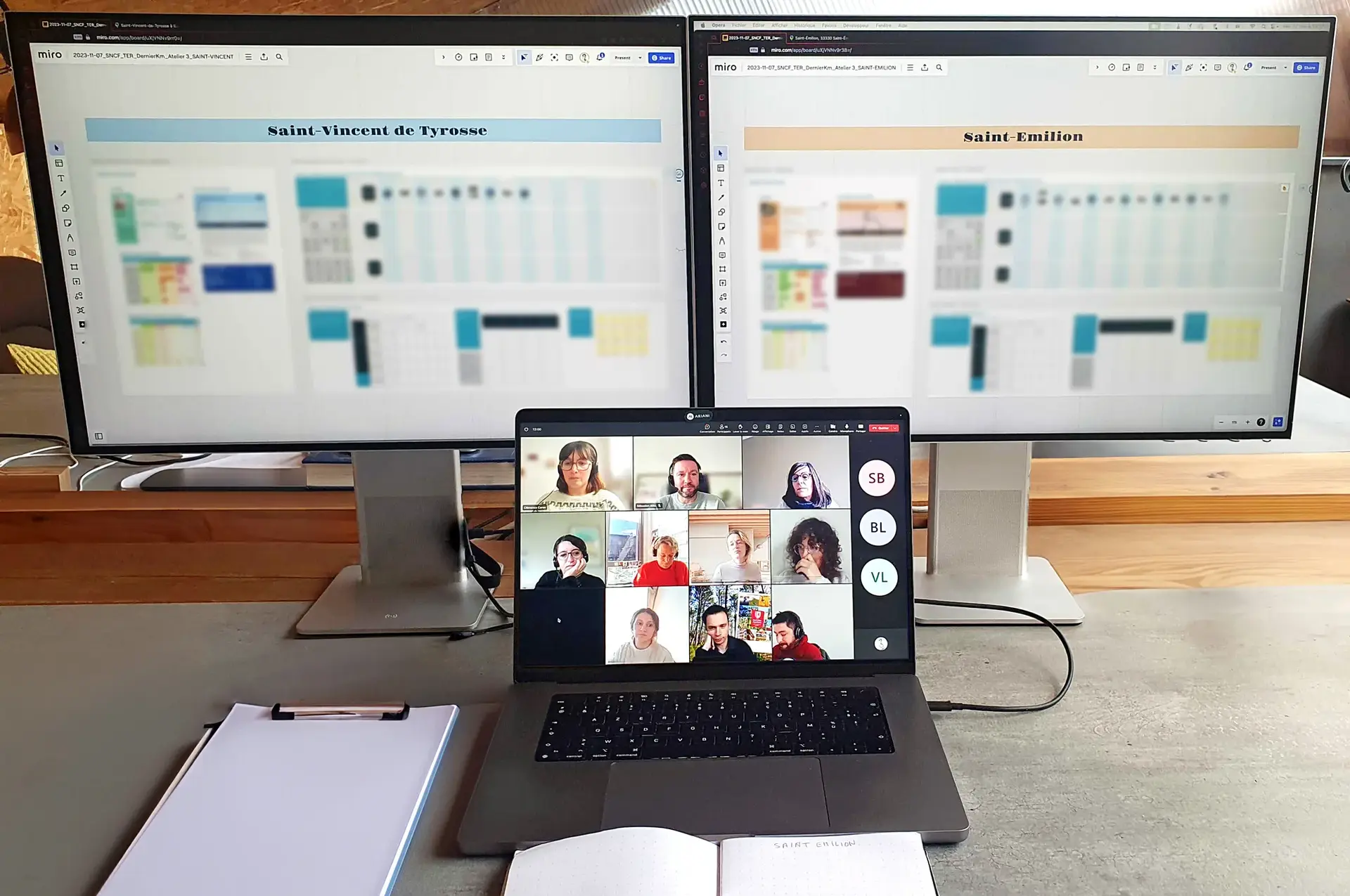 Illustration of the workstation during a remote workshop with participants in video conference and two screens to run the workshop