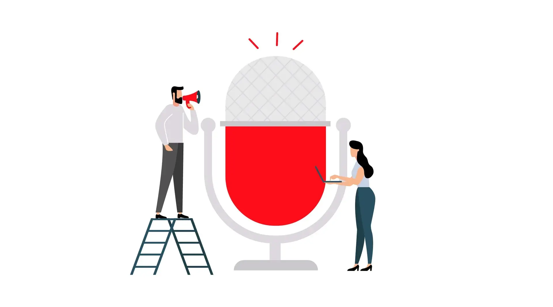 Illustration of two people with a microphone for a narrative