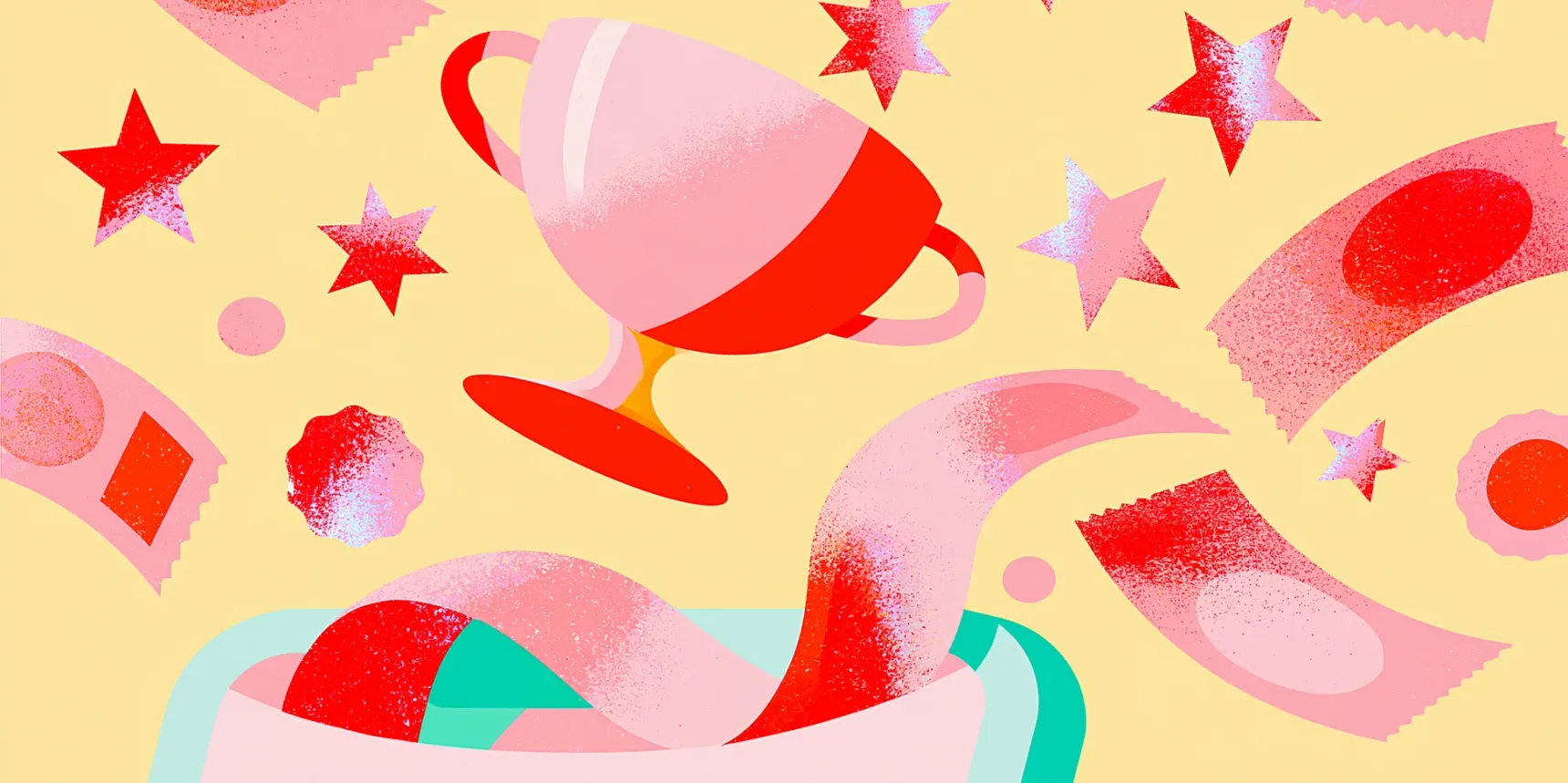 Illustration : une coupe, des étoiles et des bons de réduction jaillissent de l'écran d'un smartphone.