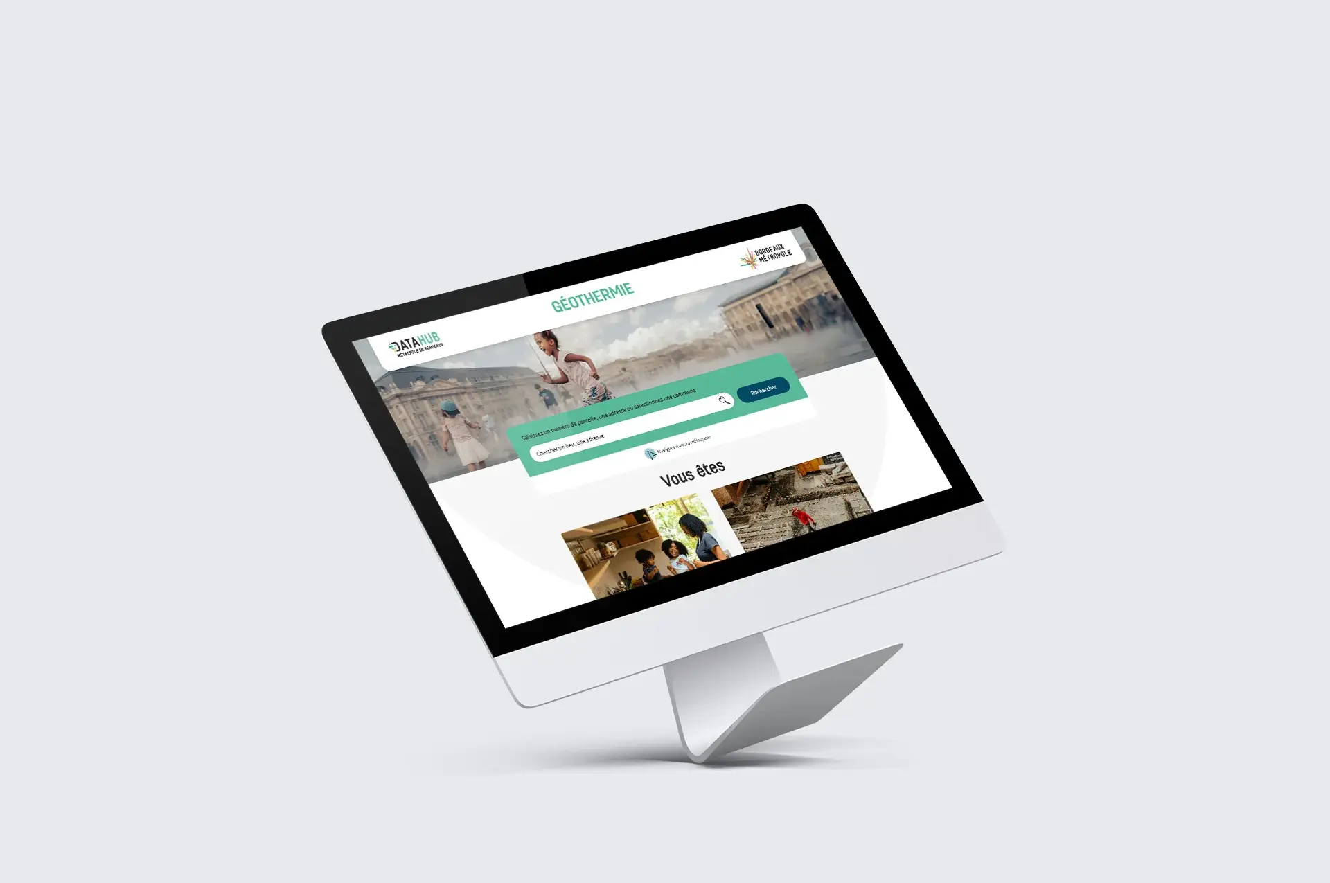 iMac displaying the homepage of the Bordeaux Métropole geothermal portal