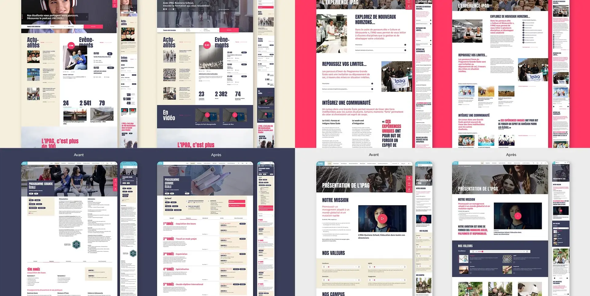 Image affichant les maquettes graphiques du site IPAG avant et après des améliorations ergonomiques