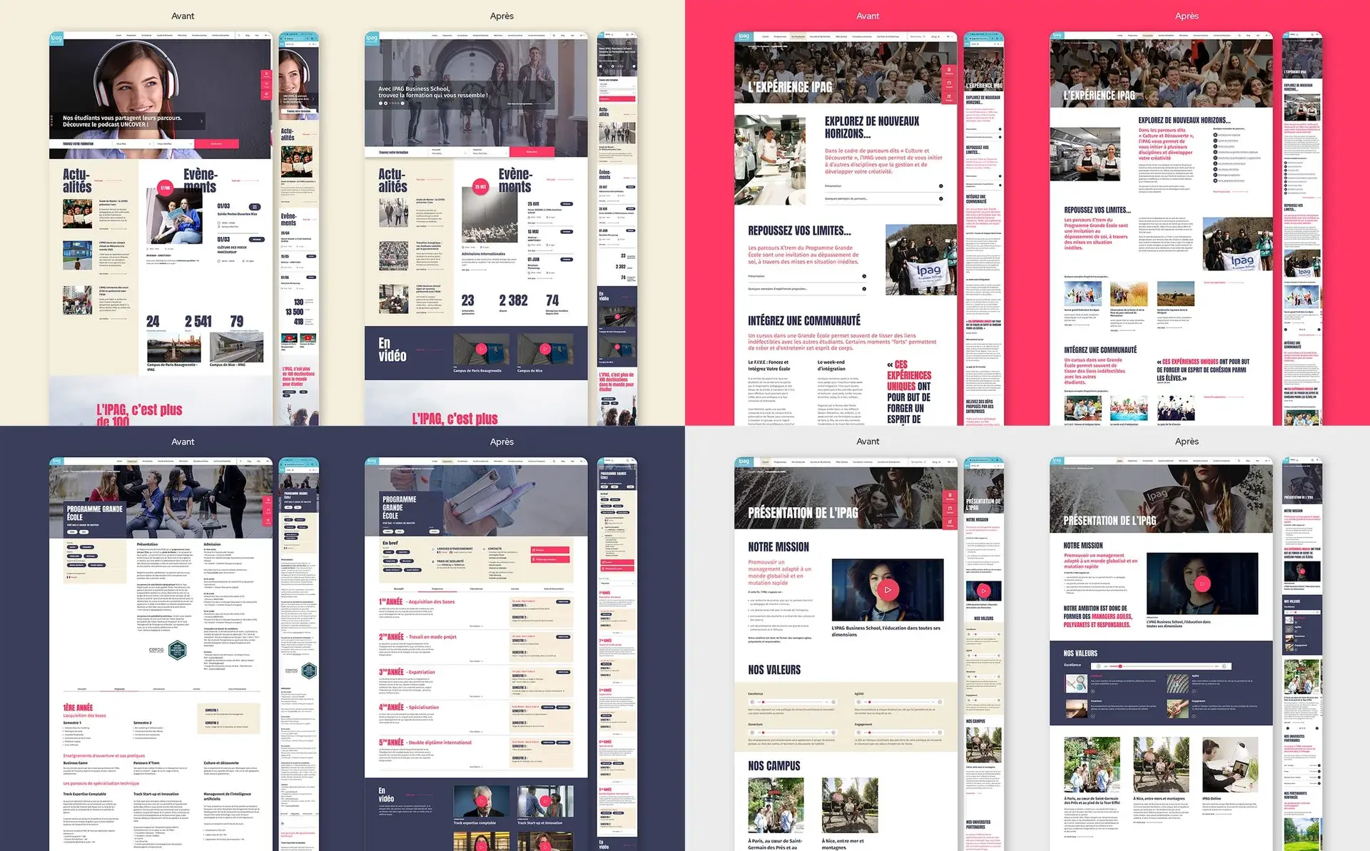 Image showing the graphic mockups of the IPAG website before and after the usability improvements