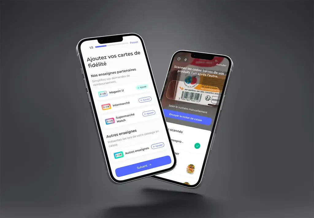 Image showing the screens for adding a loyalty card and scanning a product