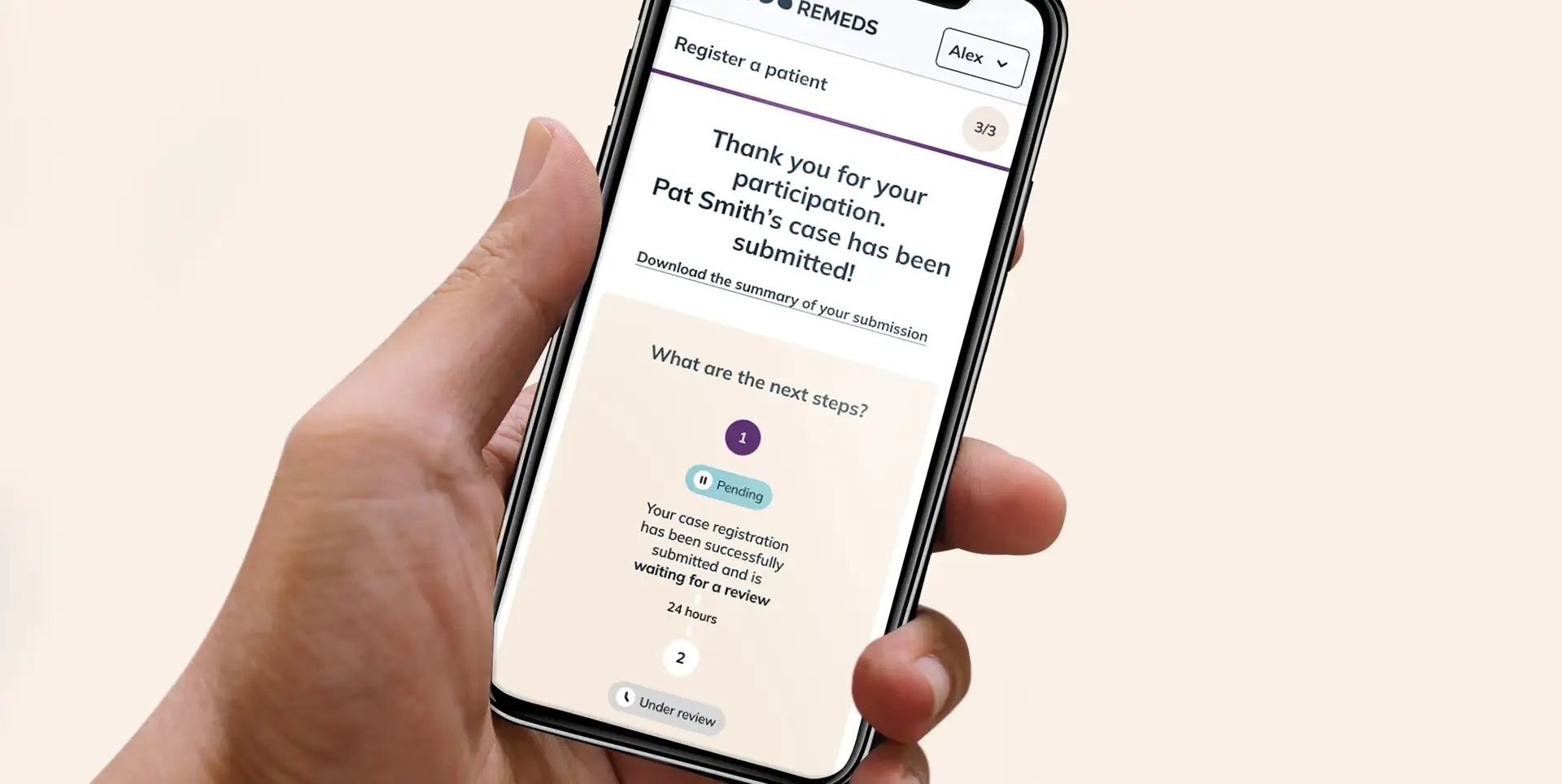 iPhone displaying a form screen confirming a patient's registration on the platform